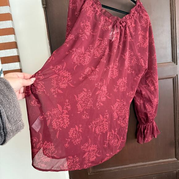 STEELE Anthropologie Laurelyn Sheer Floral Tie Neck Boho Blouse Burgundy Large - Picture 7 of 8
